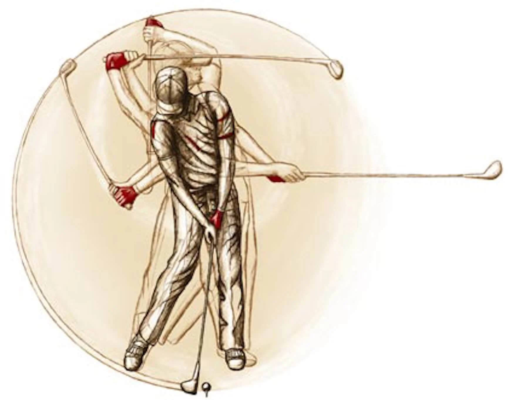 Illustration of a man swinging a golf club, demonstrating the biomechanics and muscle engagement during a golf swing.