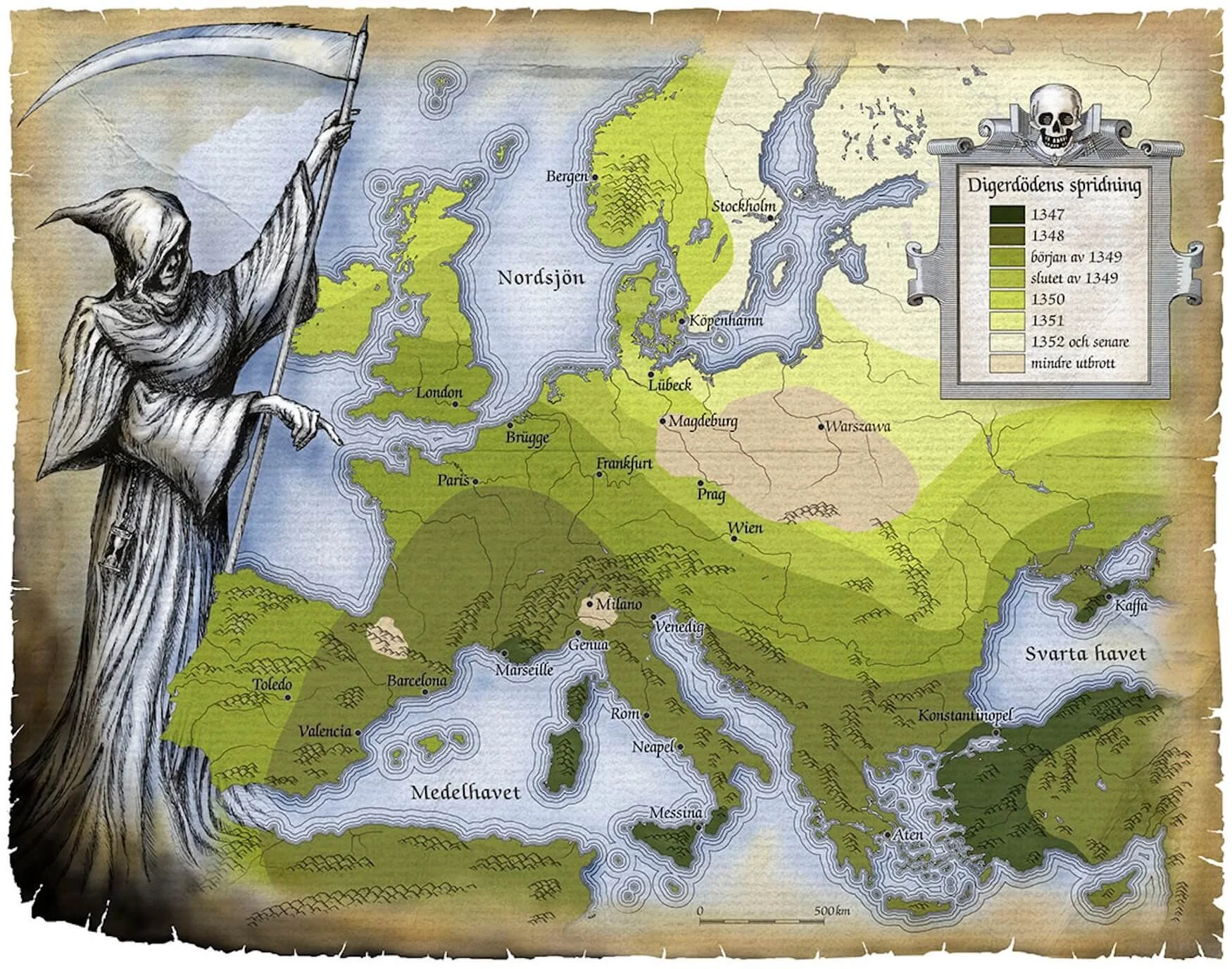 A historical map of Europe showing the spread of the Black Death from 1347 to the late 1350s, with regions shaded in varying shades of green indicating infection levels over time. The map features a grim reaper figure on the left and a skull with crossed bones in the upper right corner.