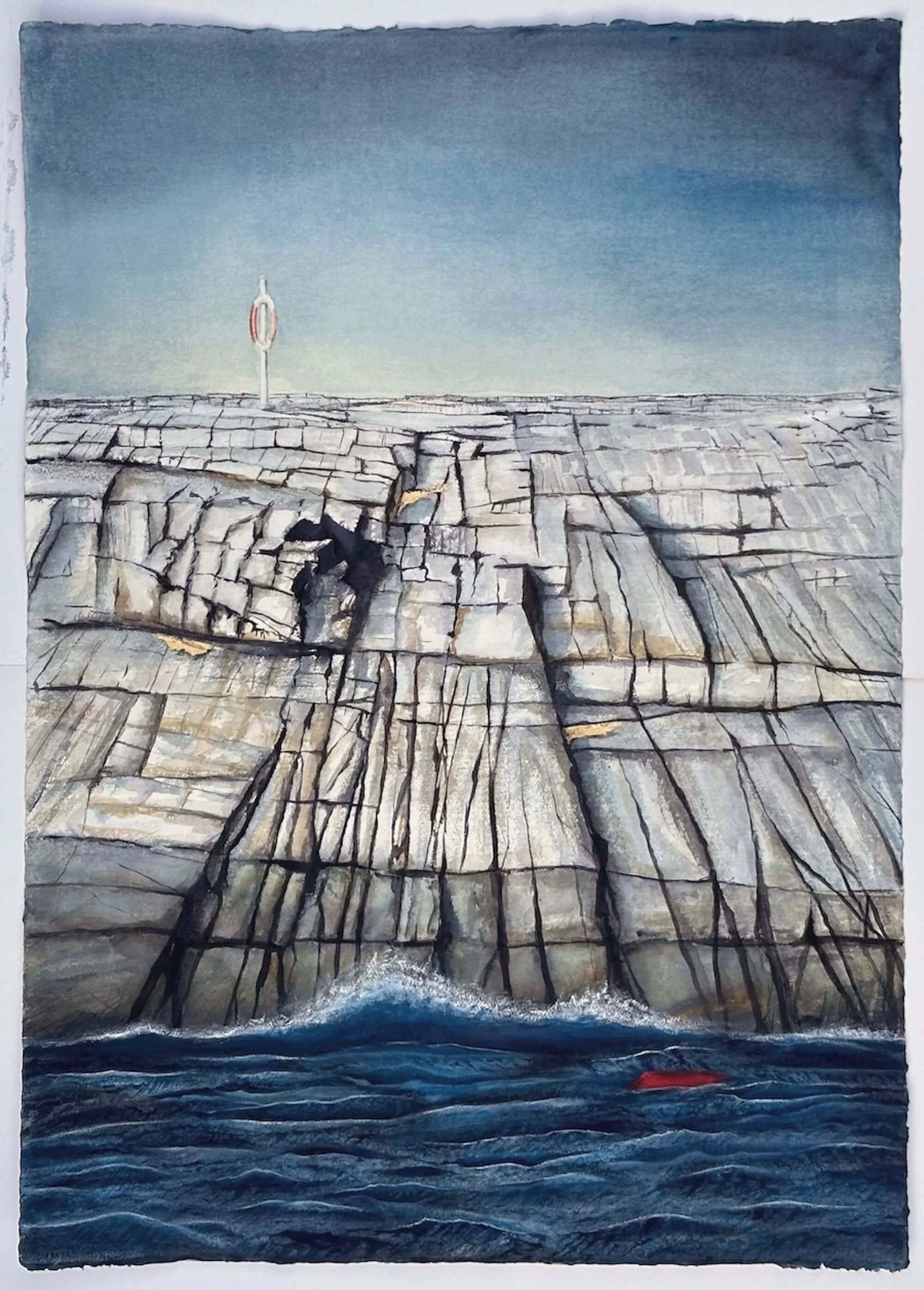 Painting of a rocky shoreline with cliffs and ocean waves, a lifebuoy pole on top of the cliff, and a small red boat in the water.