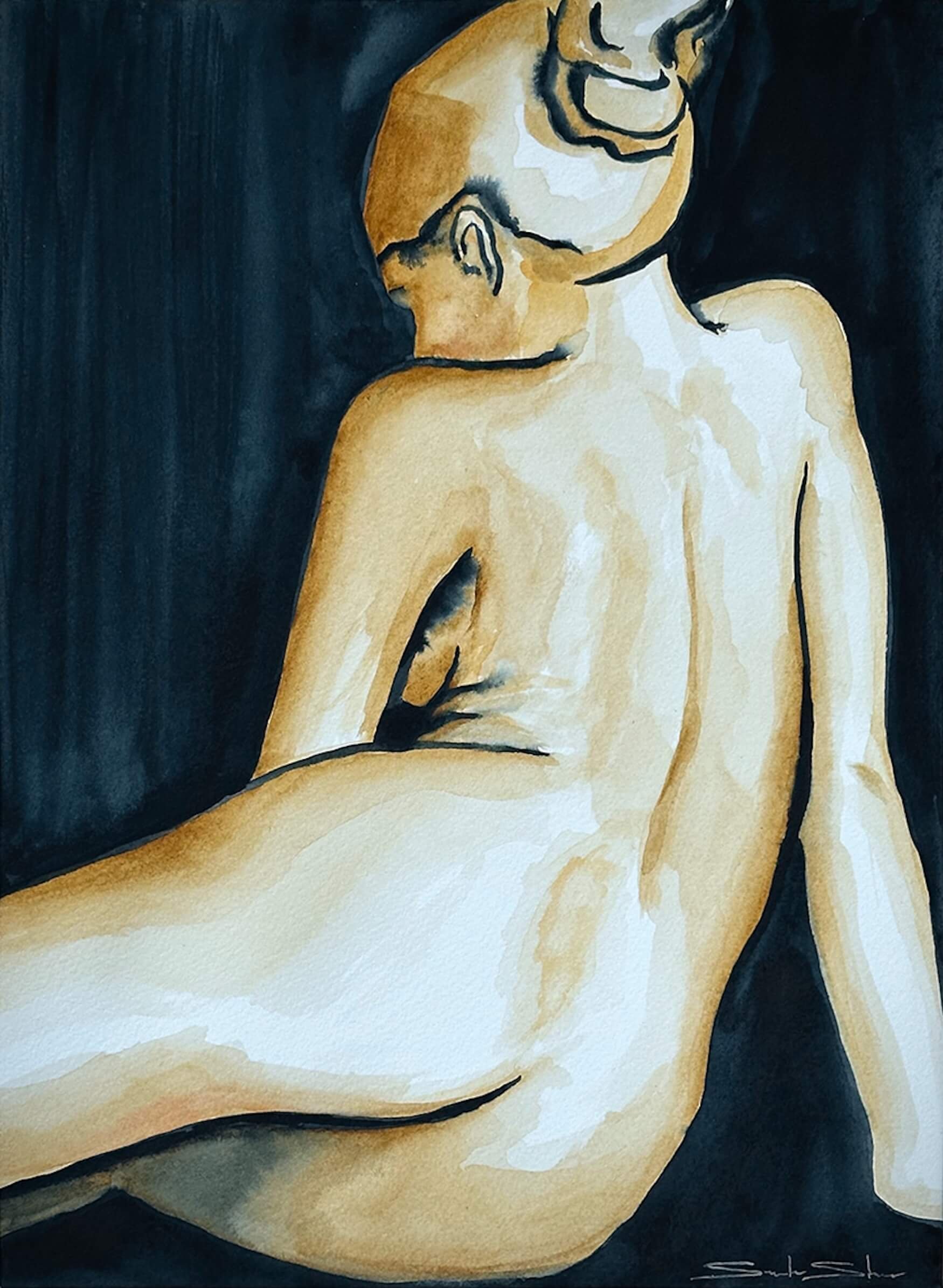 Watercolor painting of a nude woman sitting and looking downward, with her back and profile visible, against a dark background.