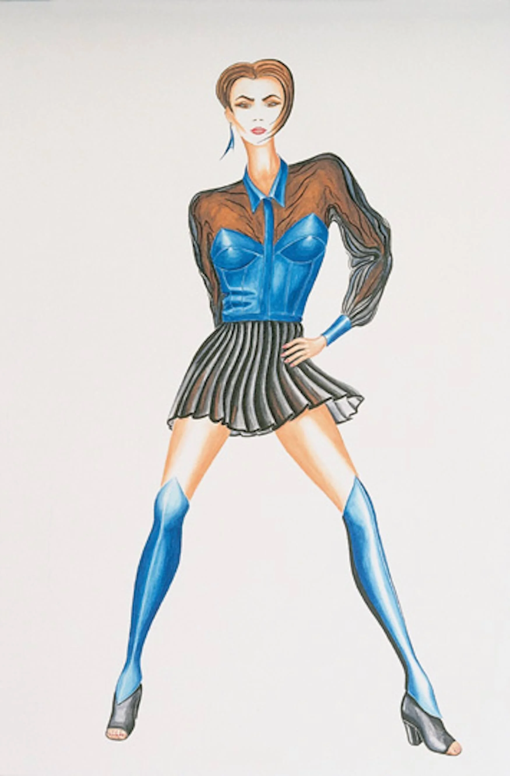 Fashion illustration of a woman with short hair, wearing a blue sheer top with black accents, a black and gray pleated skirt, and blue thigh-high boots, striking a confident pose.