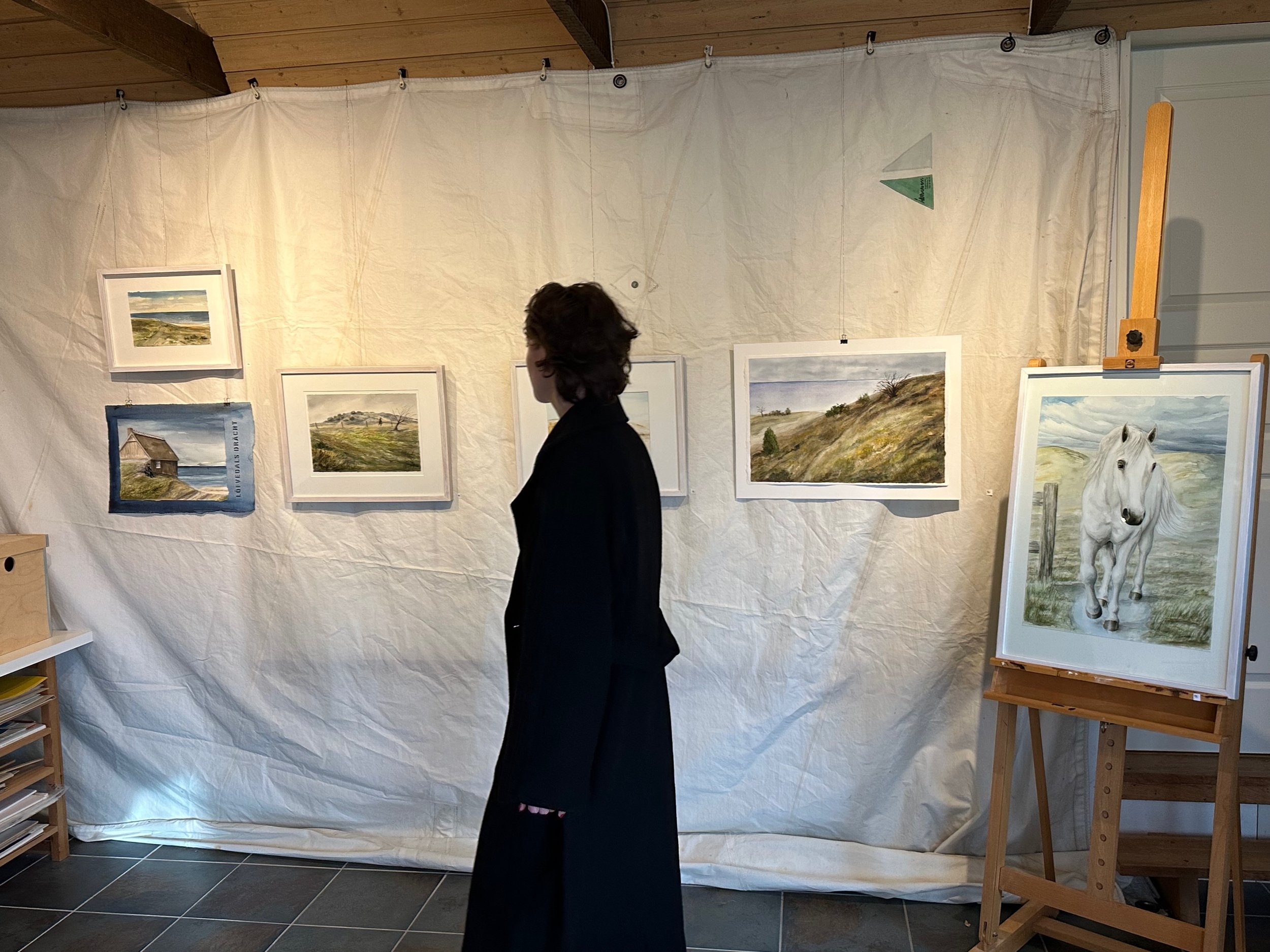 Gallery with landscape paintings and a white horse portrait on an easel, a woman with dark hair and a black coat observing the artwork.
