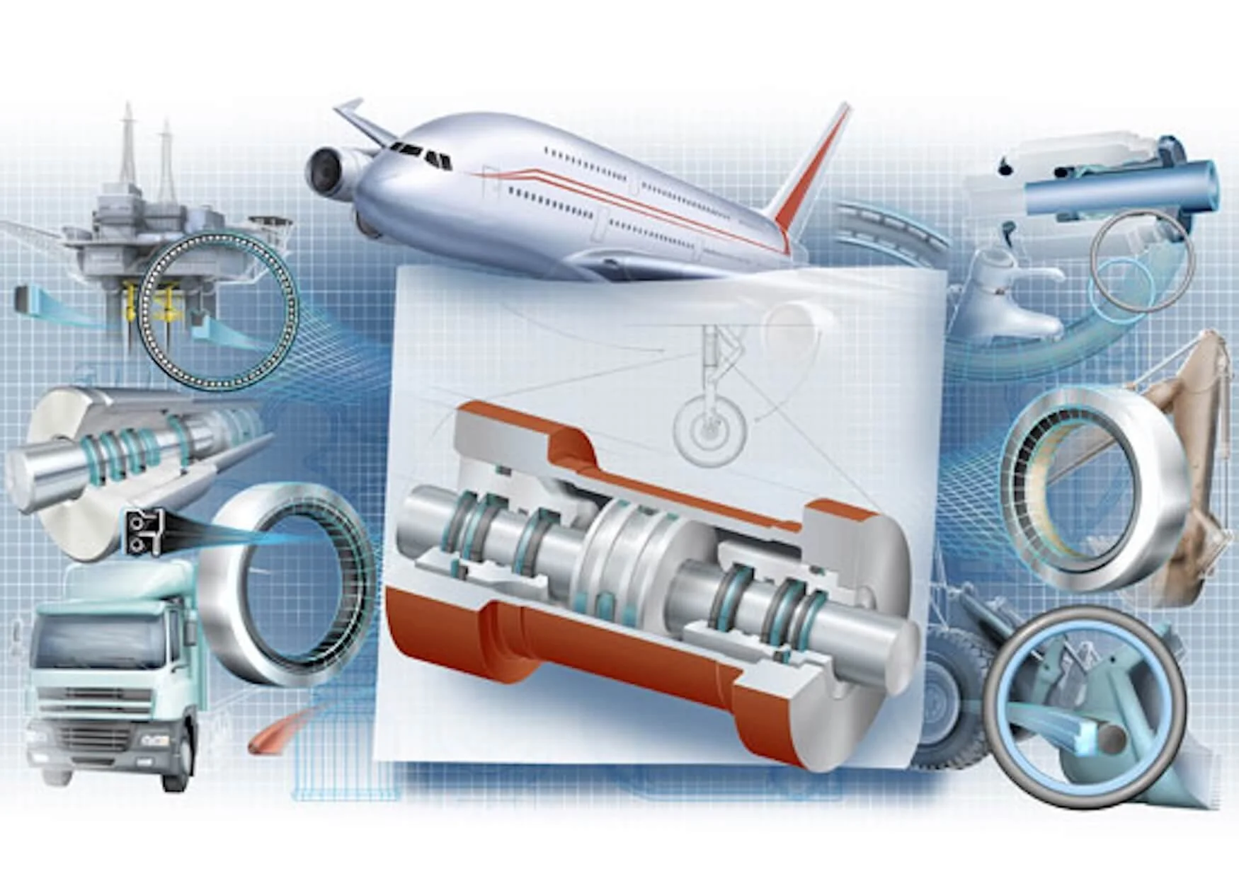 A digital illustration of aircraft engine components and an airplane.