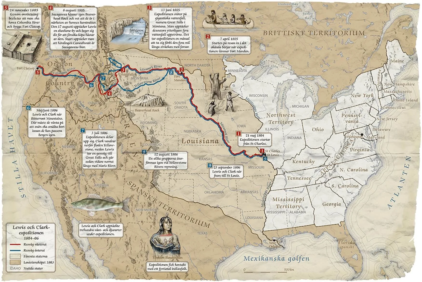 Historical map illustrating the Lewis and Clark expedition route from 1804 to 1806 across the United States, with key locations and dates marked. The map also shows some illustrations related to the expedition, such as a fish, a woman holding a book, a canoe with explorers, and various water bodies and terrain.