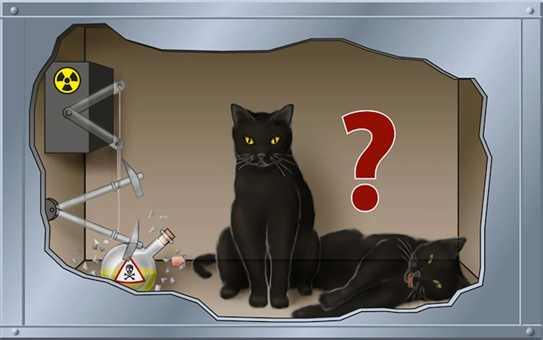 Illustration of two black cats inside a hazardous materials chamber, with a broken chemical flask and a biohazard symbol; one cat sitting upright, the other lying down, with a red question mark beside the upright cat.
