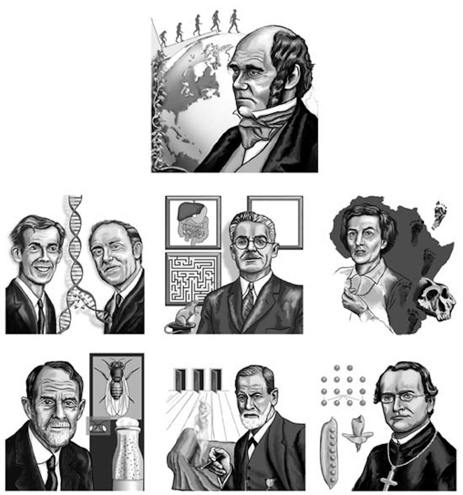 A collage of black-and-white illustrations of famous scientists and historical figures, including Charles Darwin, Albert Einstein, Marie Curie, Isaac Newton, Nikola Tesla, Marie Antoinette, Leonardo da Vinci, and Sigmund Freud.