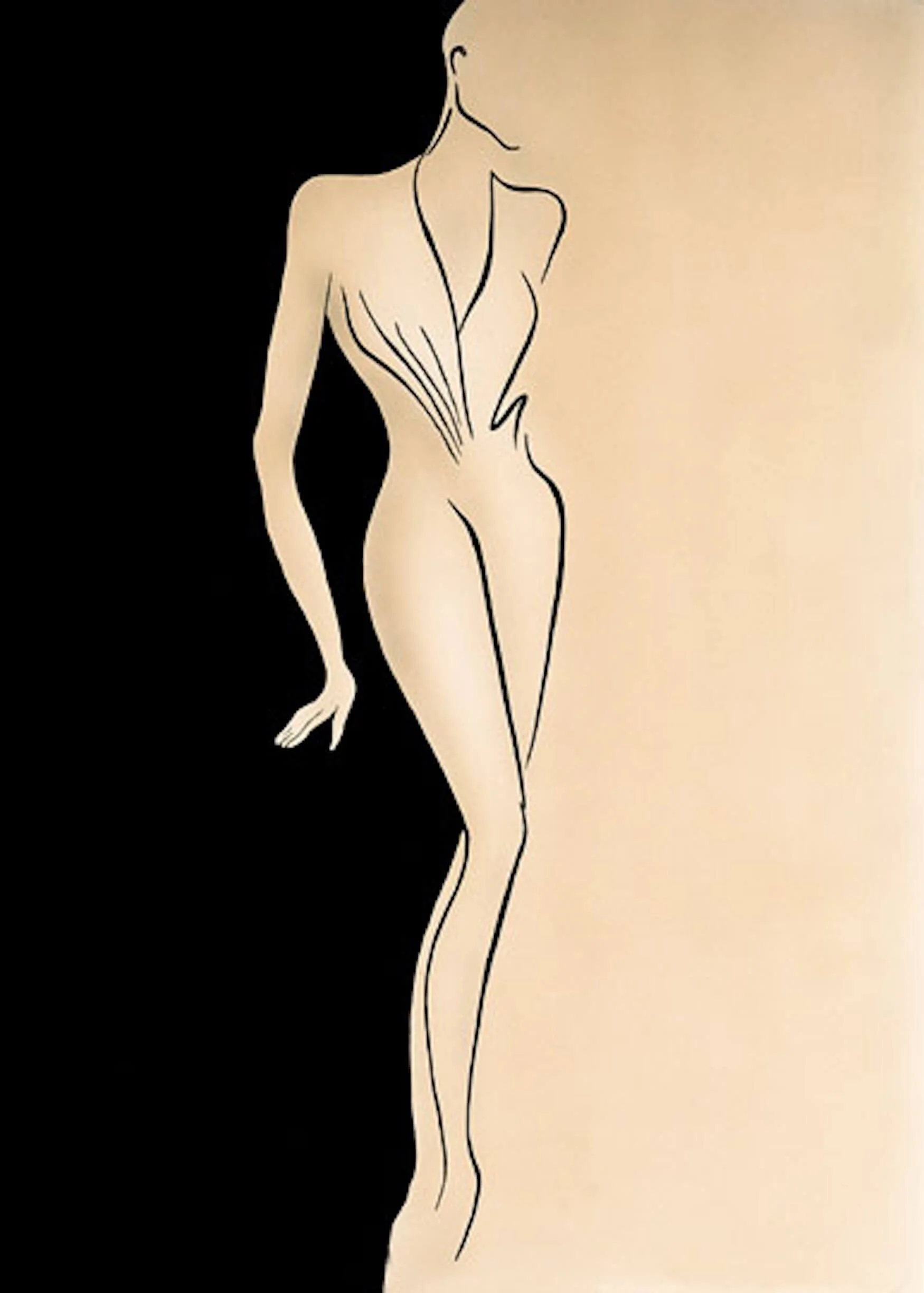 Line drawing of a woman on a split background, black on the left and beige on the right, with a minimalist style.