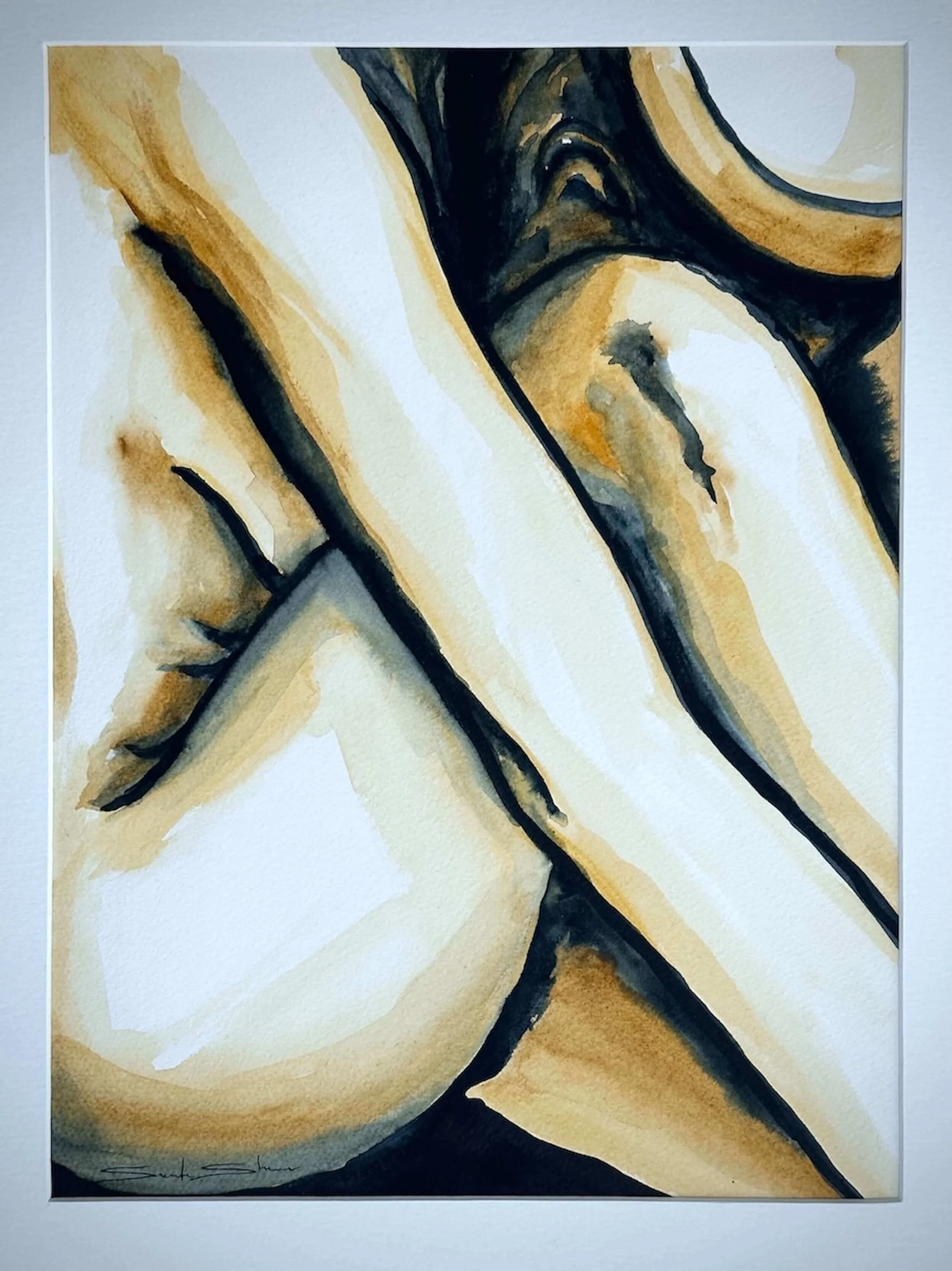 Abstract watercolor painting of human body parts, featuring a hand, arm, shoulder, and torso with shades of black, brown, and beige.