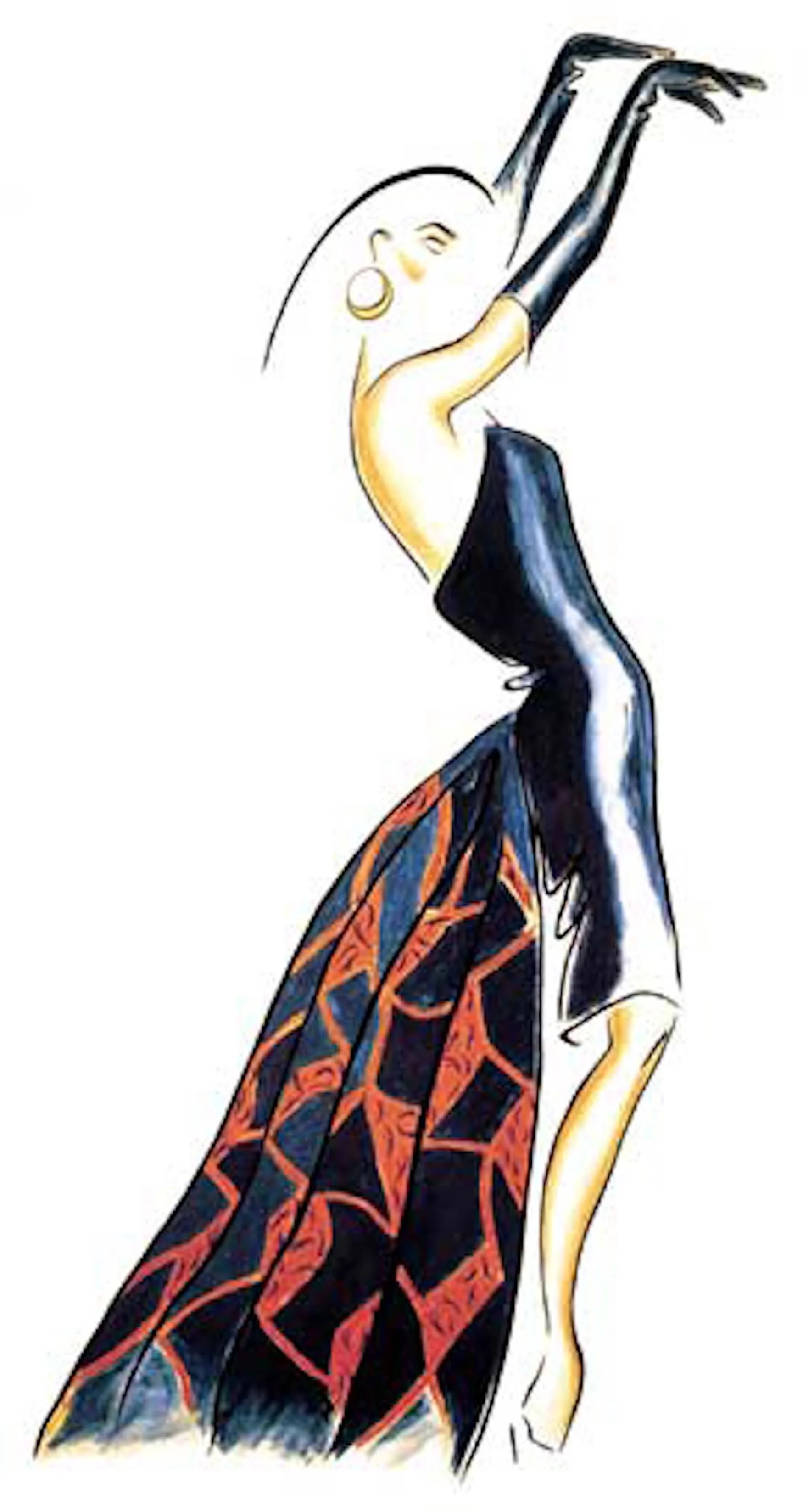 Stylized illustration of a woman with long blonde hair, dressed in a black top and a patterned red and black skirt, striking a pose with arms raised and her head tilted back.