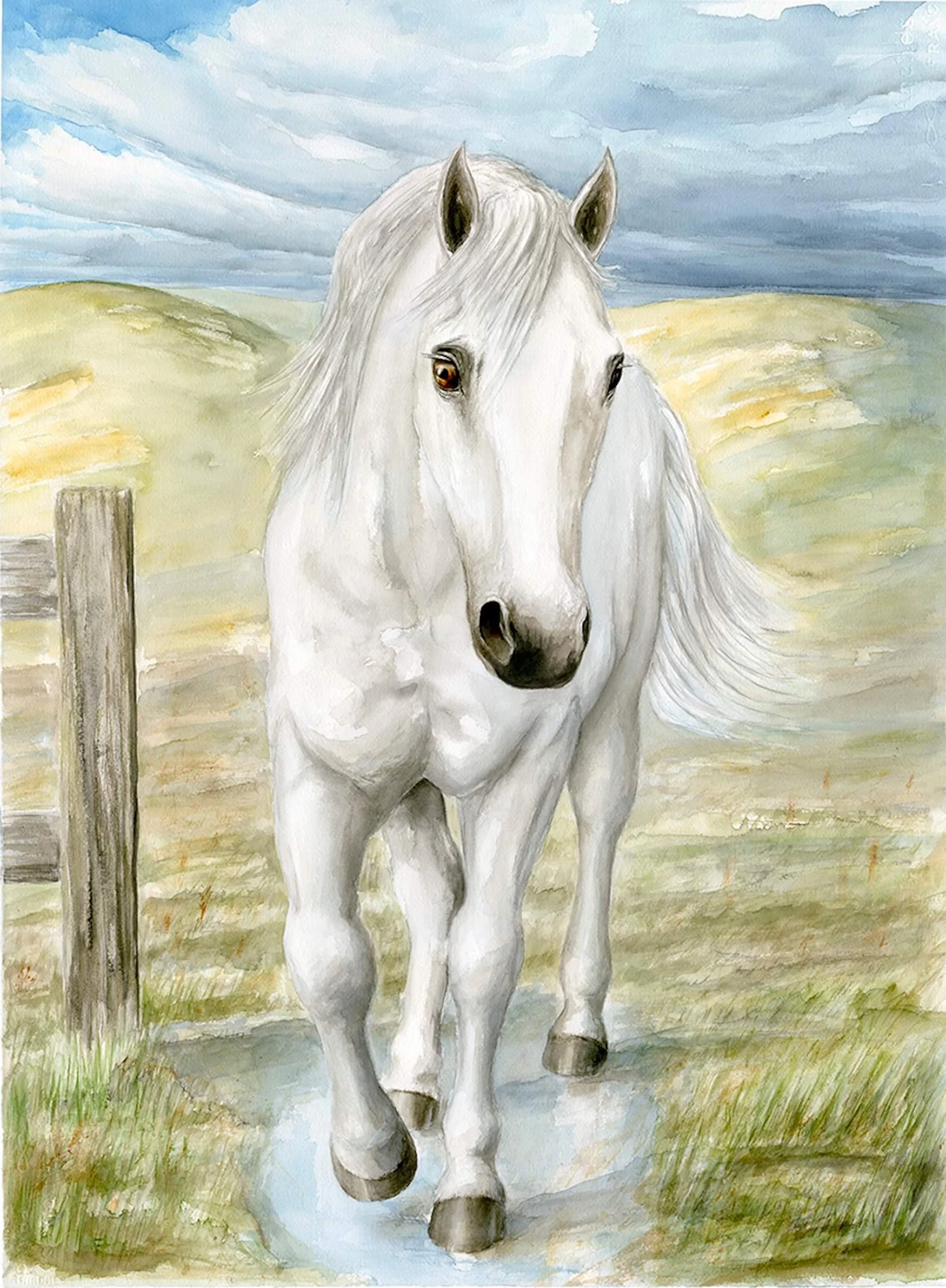 A realistic painting of a white horse walking on a pathway in a rural landscape with grassy fields, a wooden fence, and a cloudy sky.