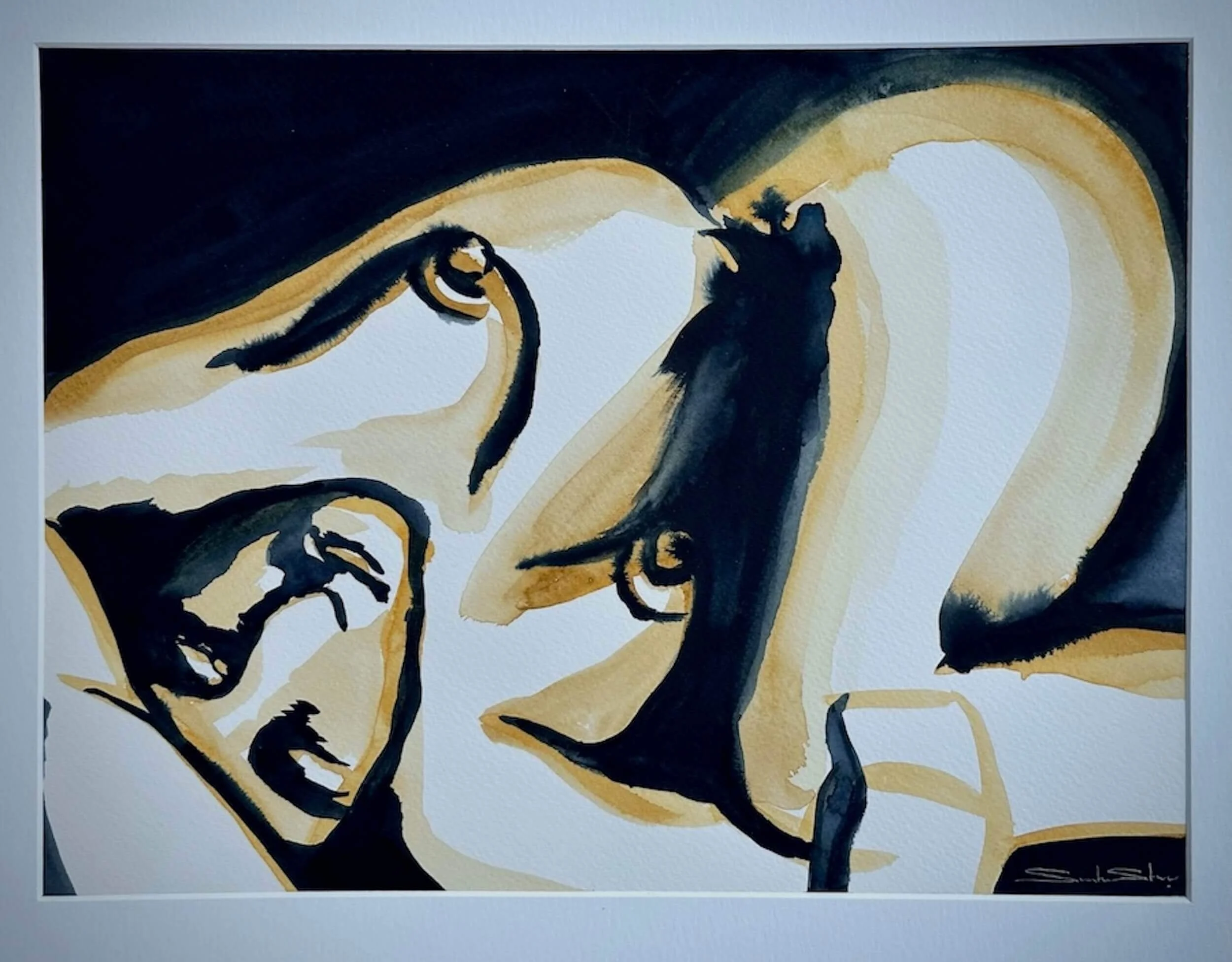 Watercolor painting of three faces in an abstract style with shades of black, beige, and gold.