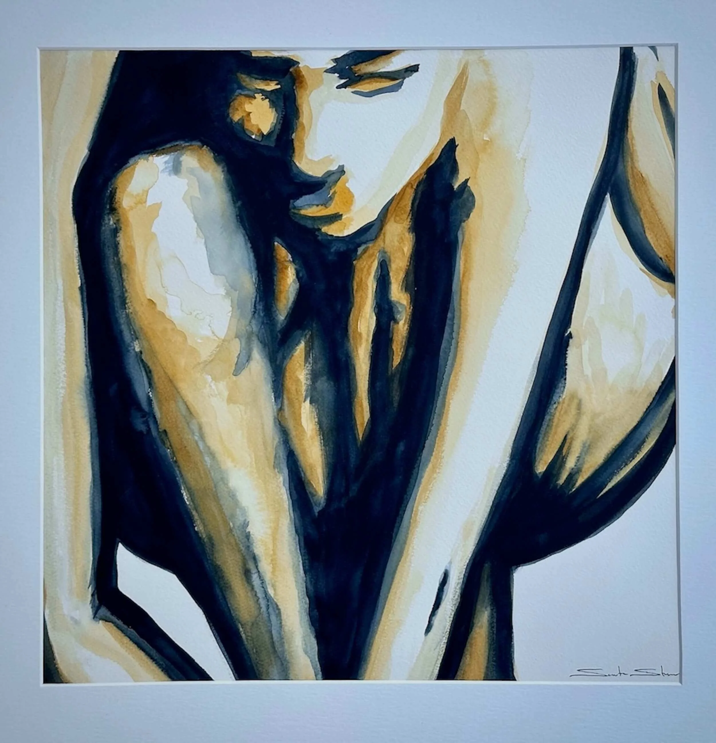 Watercolor painting of a woman with closed eyes and long dark hair, with her arms around her knees, in earthy tones of black, brown, and cream.