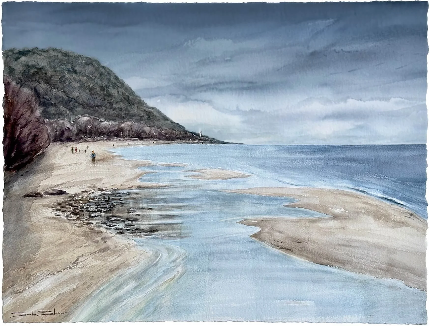 A watercolor painting of a beach scene with a sandy shore, a calm ocean, and a cloudy sky. There are a few people walking along the beach, and a large hillside covered in greenery to the left.