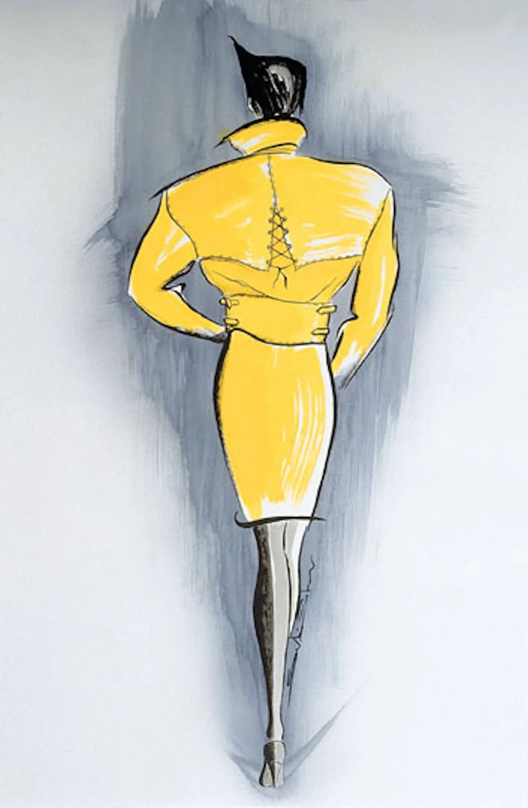 Fashion illustration of a woman from behind wearing a yellow fitted jacket and skirt, with her hand on her hip and black hair styled short.