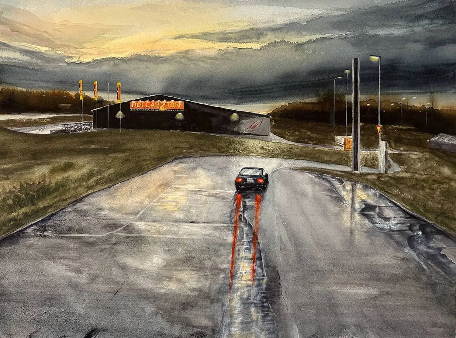 A dark, rainy road with a single black car in the center, reflecting red taillights on wet asphalt, leading towards a Dollar Store in the distance under a cloudy, stormy sky.
