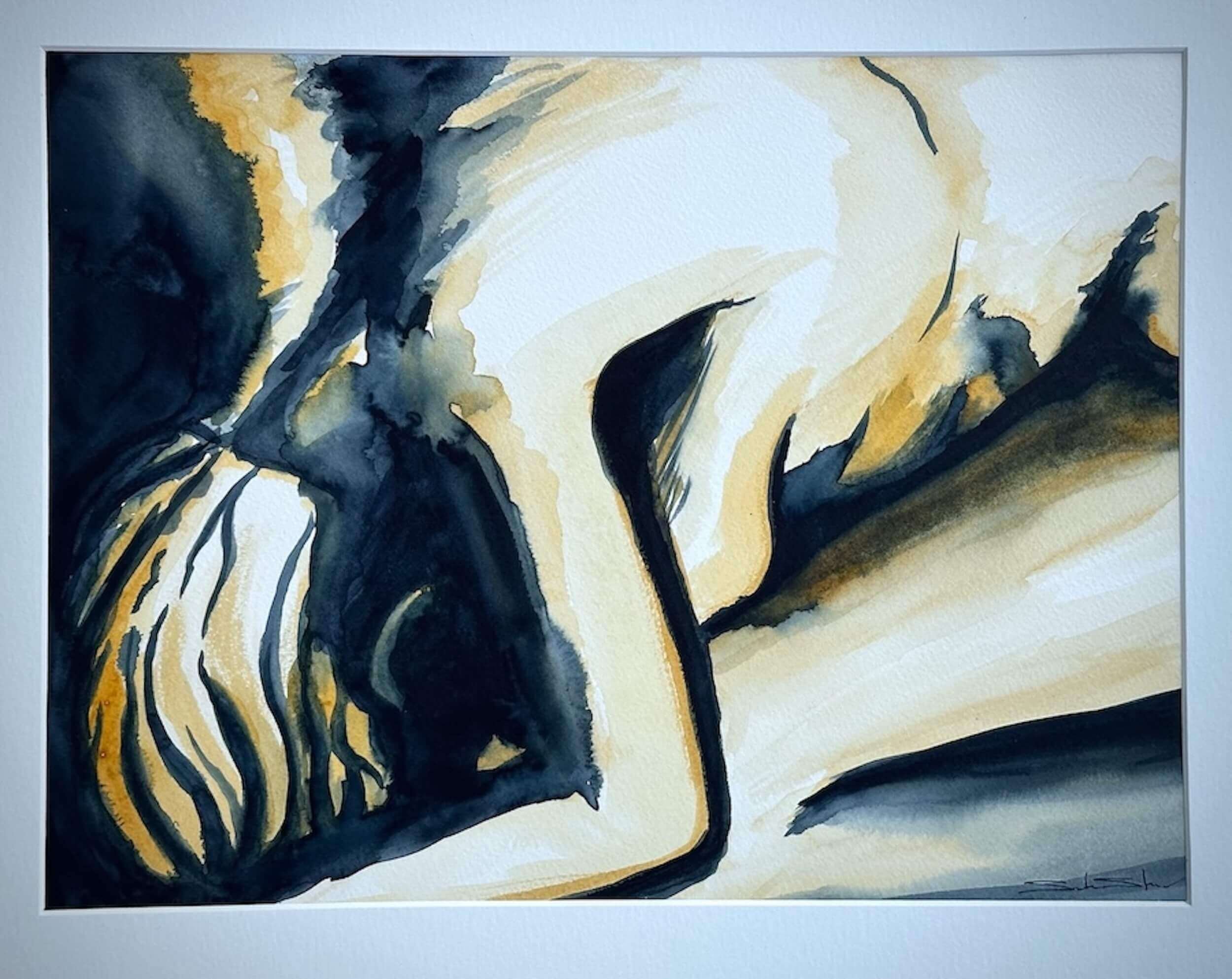 Abstract watercolor painting in black, beige, and yellow hues with flowing lines and shapes.