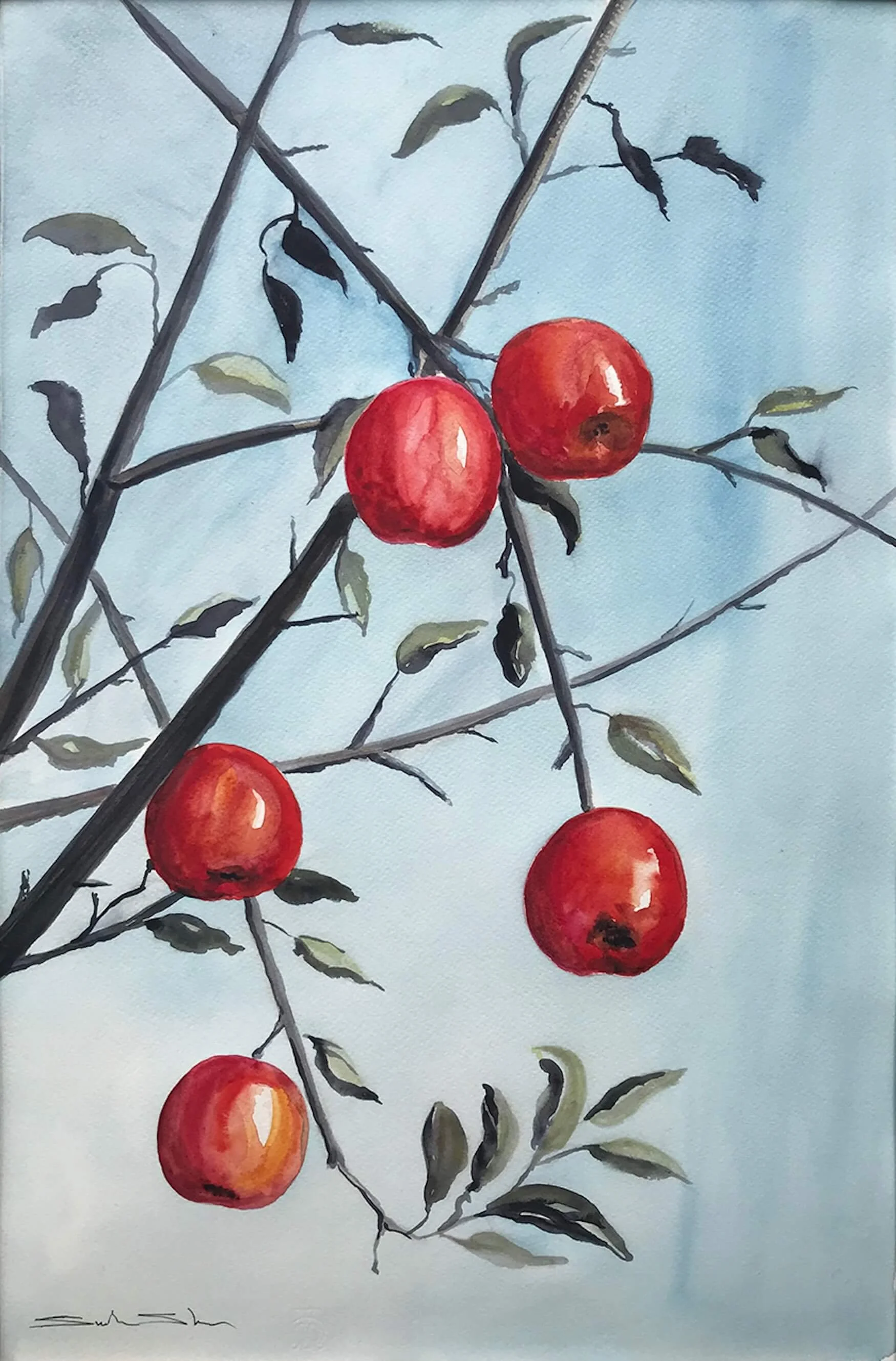 Watercolor painting of a branch with five red apples and leaves against a light blue background.