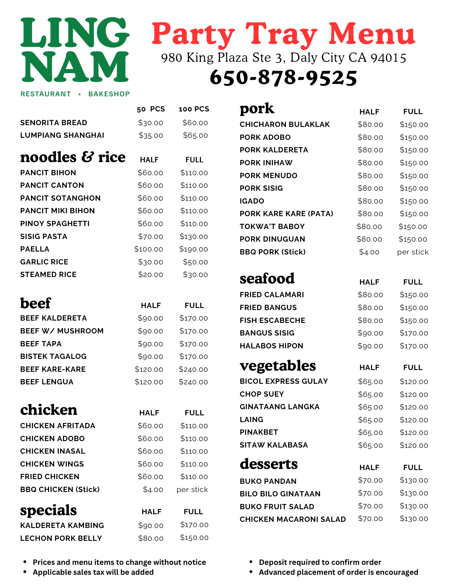 Party tray menu from Ling Nam restaurant with food categories and prices for noodles, rice, beef, chicken, specials, pork, seafood, vegetables, and desserts.