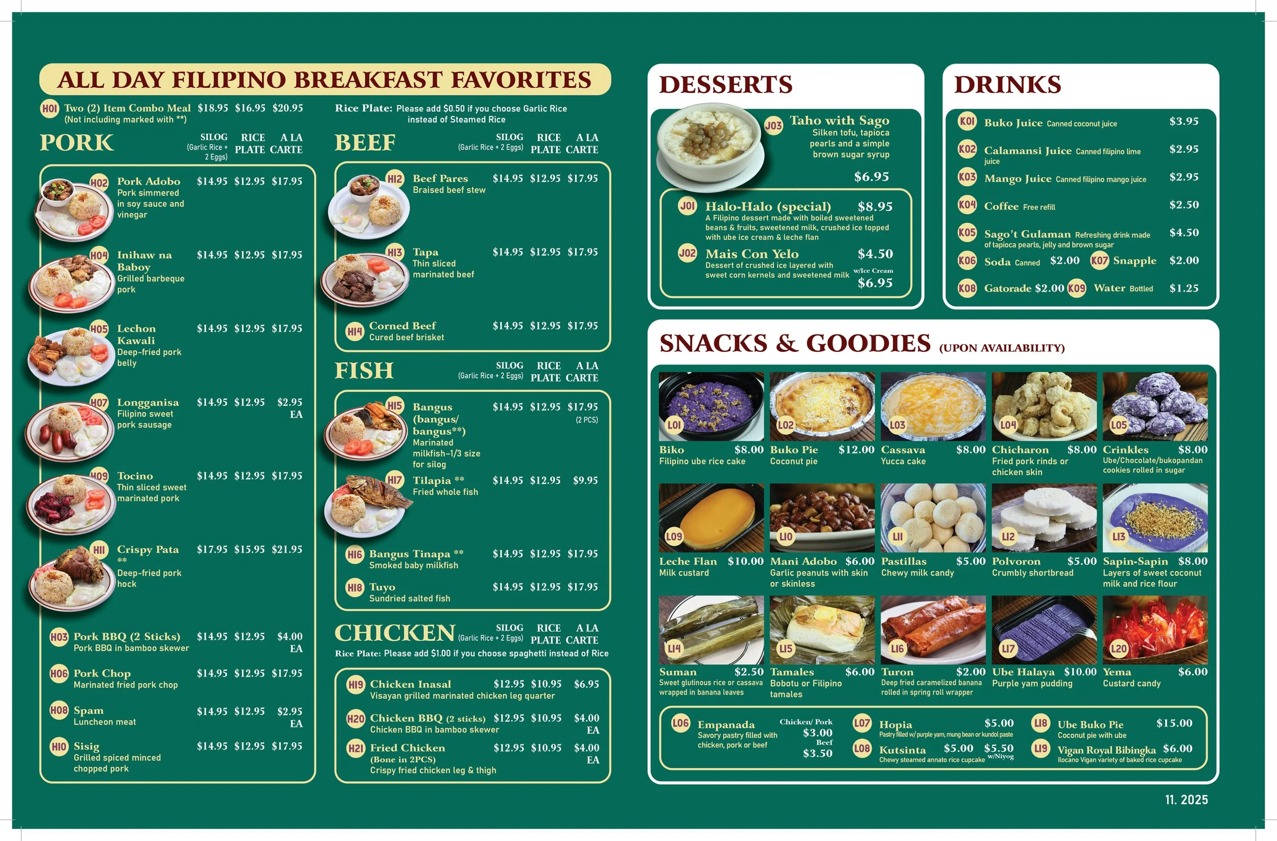 Menu featuring Filipino breakfast favorites with categories for pork, beef, fish, chicken, desserts, drinks, and snacks. Includes meal names, prices, and images of some dishes.