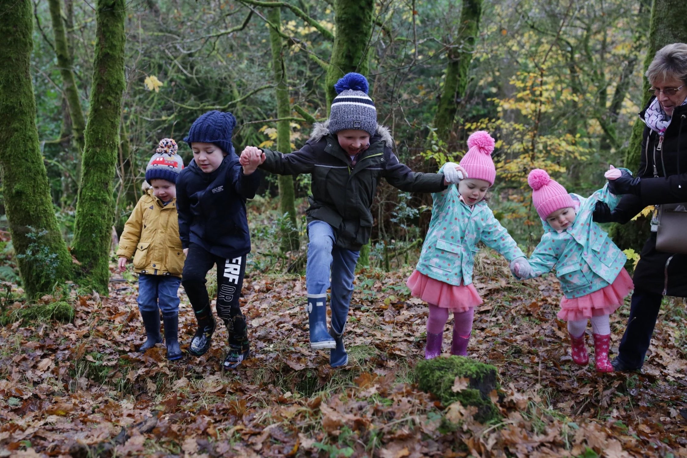 Children and an adult holding hands and balancing while walking on fallen leaves in a forest during autumn.