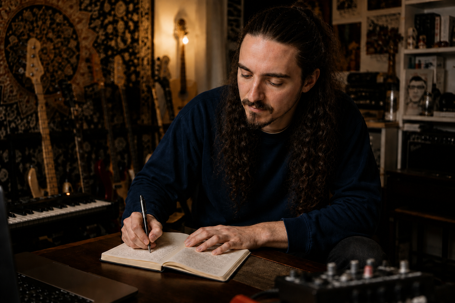 A man with long curly hair and a beard writing in a notebook at a music studio surrounded by guitars, synthesizers, and audio equipment.