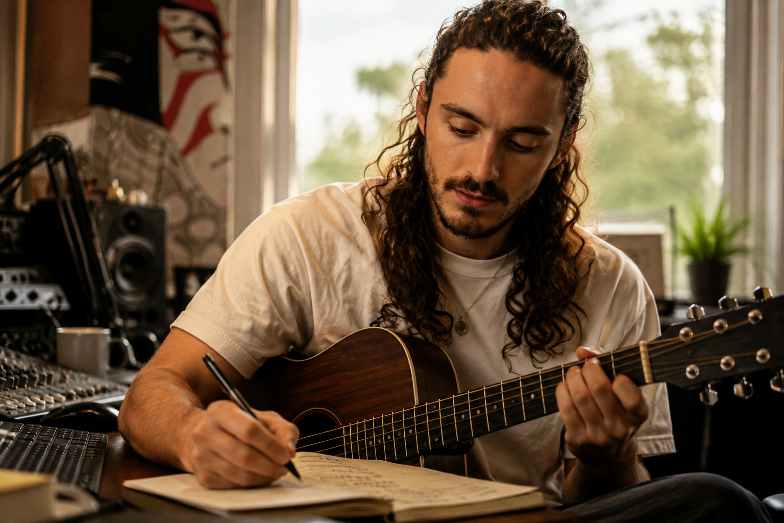 A man with long curly hair and a beard playing an acoustic guitar in a music studio, writing music notes in a notebook.