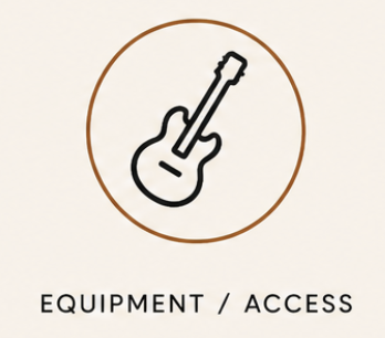 Icon of an electric guitar with the label 'EQUIPMENT / ACCESS' underneath.