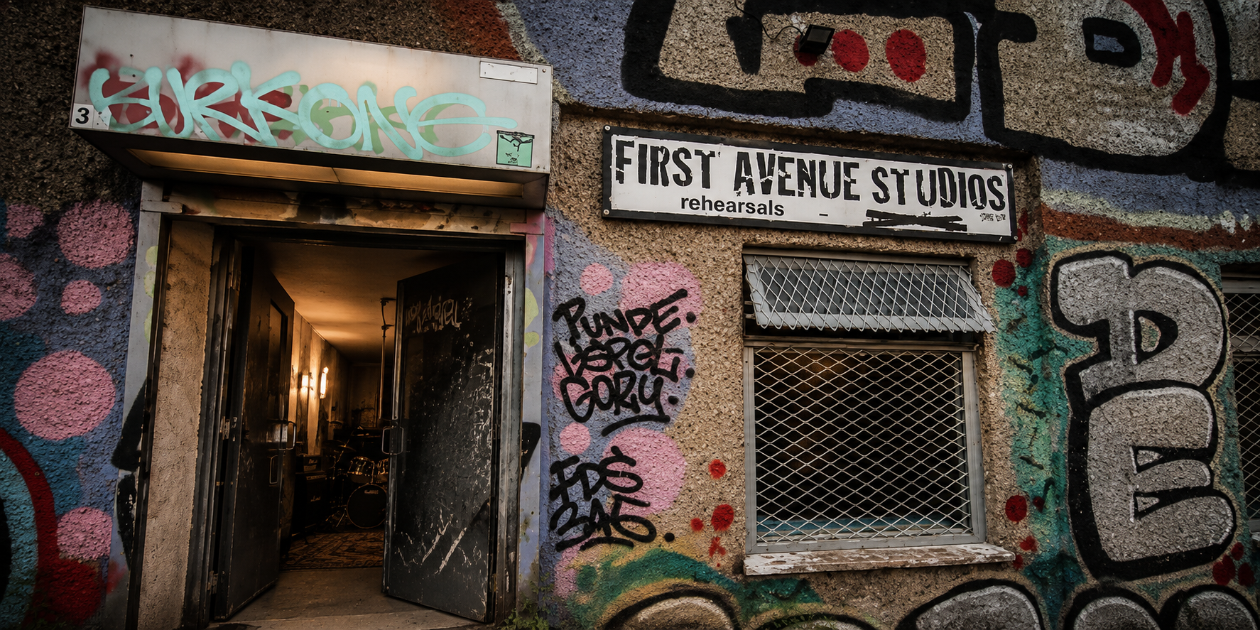 Entrance to First Avenue Studios with graffiti-covered exterior wall, a sign indicating rehearsals, and drum set visible through open doors.
