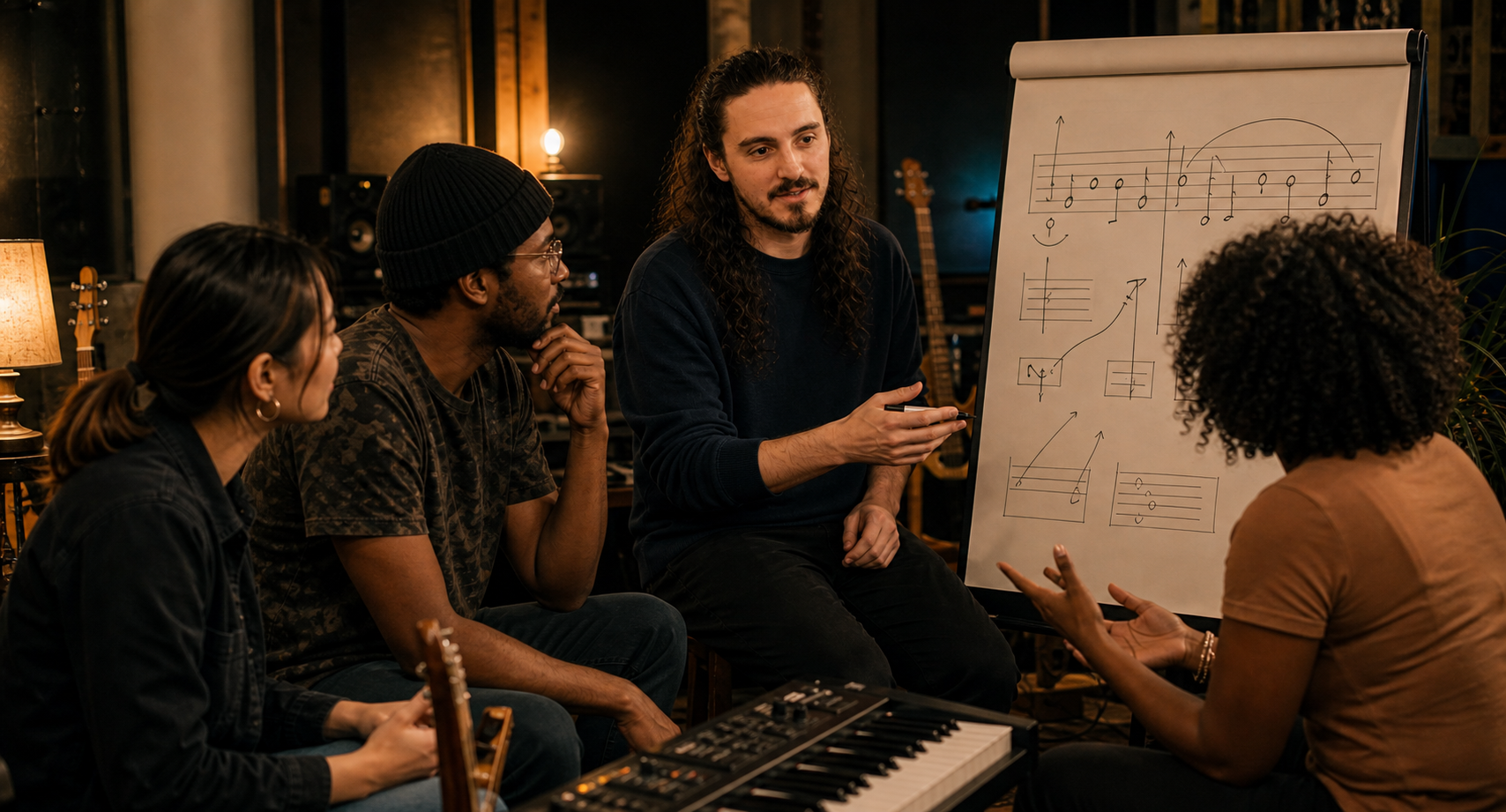 Four people in a music studio, engaged in a discussion about musical notation and composition. A man with long curly hair and a dark sweatshirt is explaining, with diagrams and musical notes on a whiteboard, to three others sitting around him. Studio equipment and guitars are visible in the background.