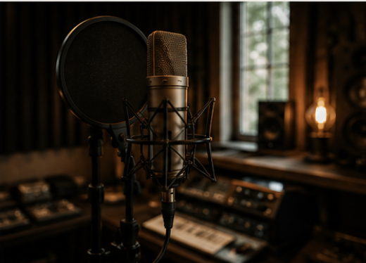 Close-up of a professional microphone with a pop filter in a recording studio, with sound equipment and window in the background.