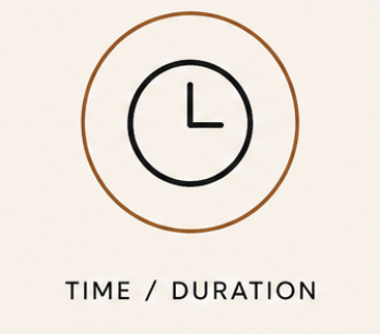 A clock icon with the hands pointing to 3 and 12, above the text 'TIME / DURATION' on a white background.