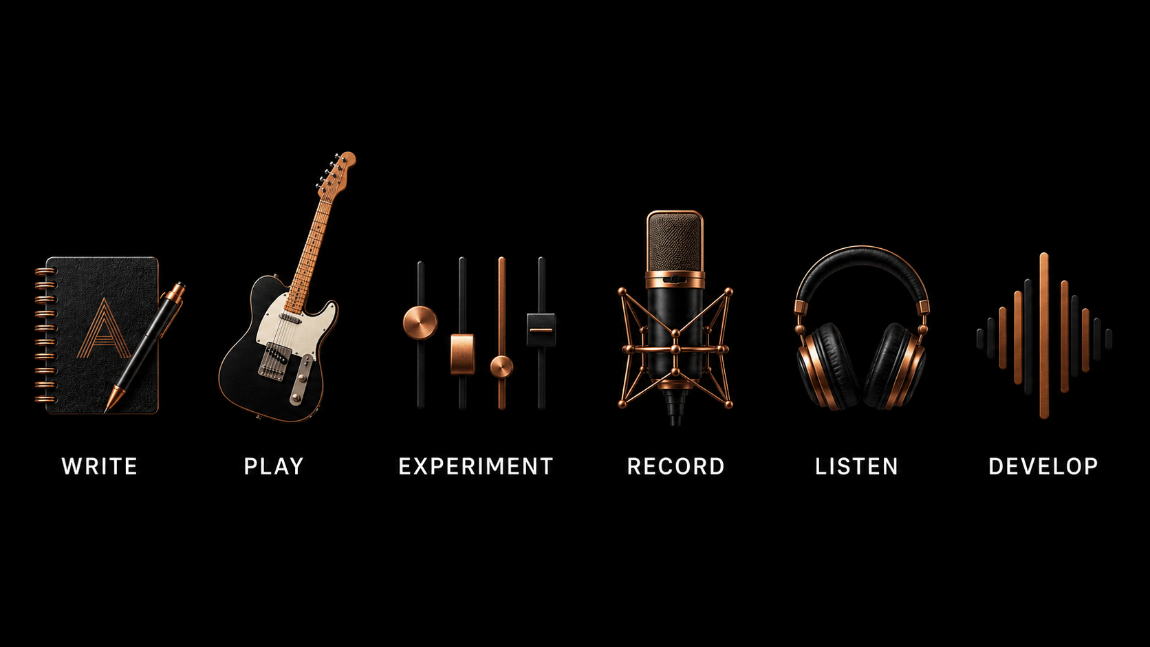 A digital graphic with icons representing the creative process: a notebook and pen labeled 'WRITE', a guitar labeled 'PLAY', sound knobs labeled 'EXPERIMENT', a microphone labeled 'RECORD', headphones labeled 'LISTEN', and sound waves labeled 'DEVELOP'.