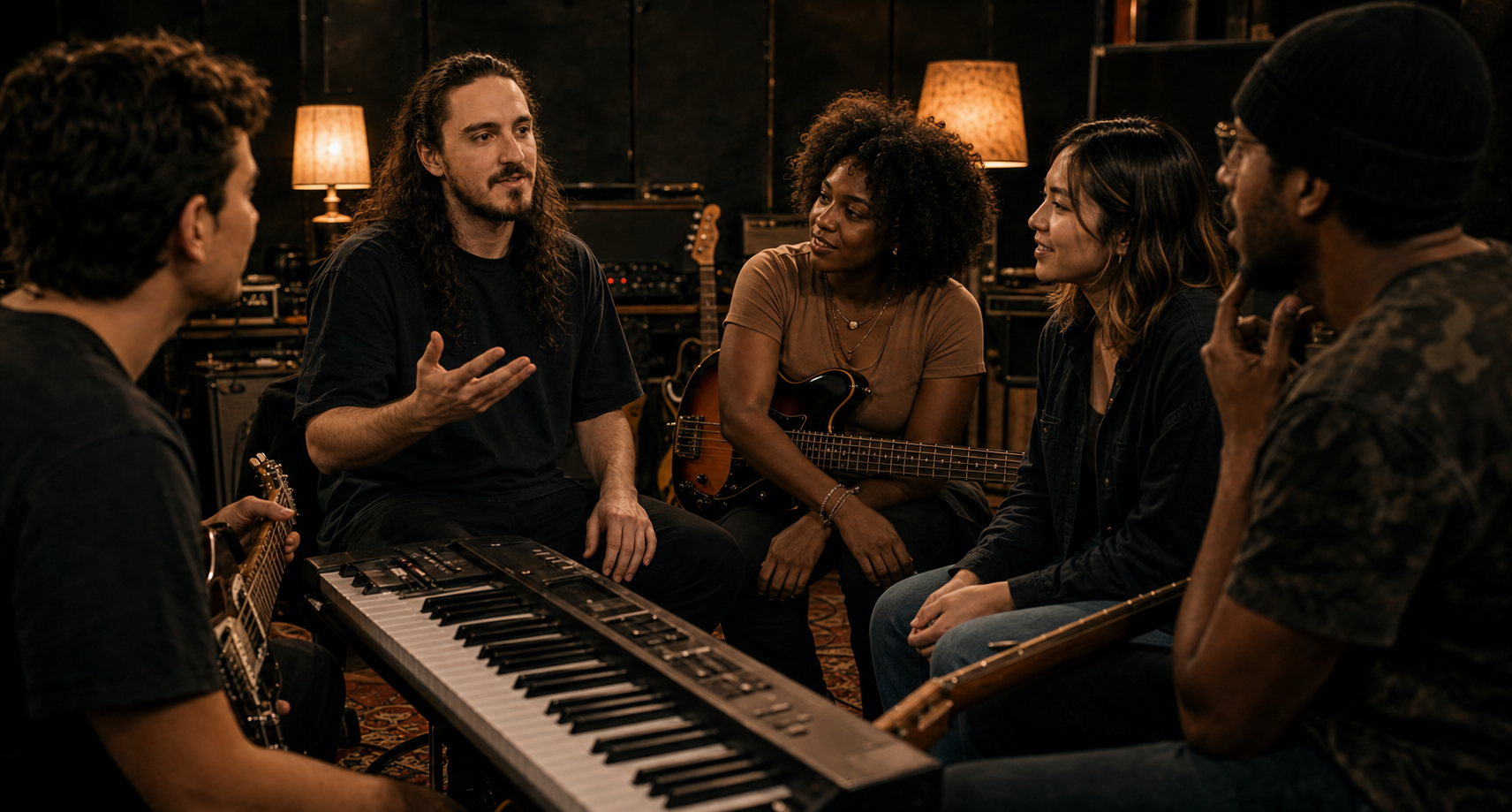 Group of five musicians having a discussion in a music studio, with instruments including a keyboard, electric guitar, and bass guitar visible.