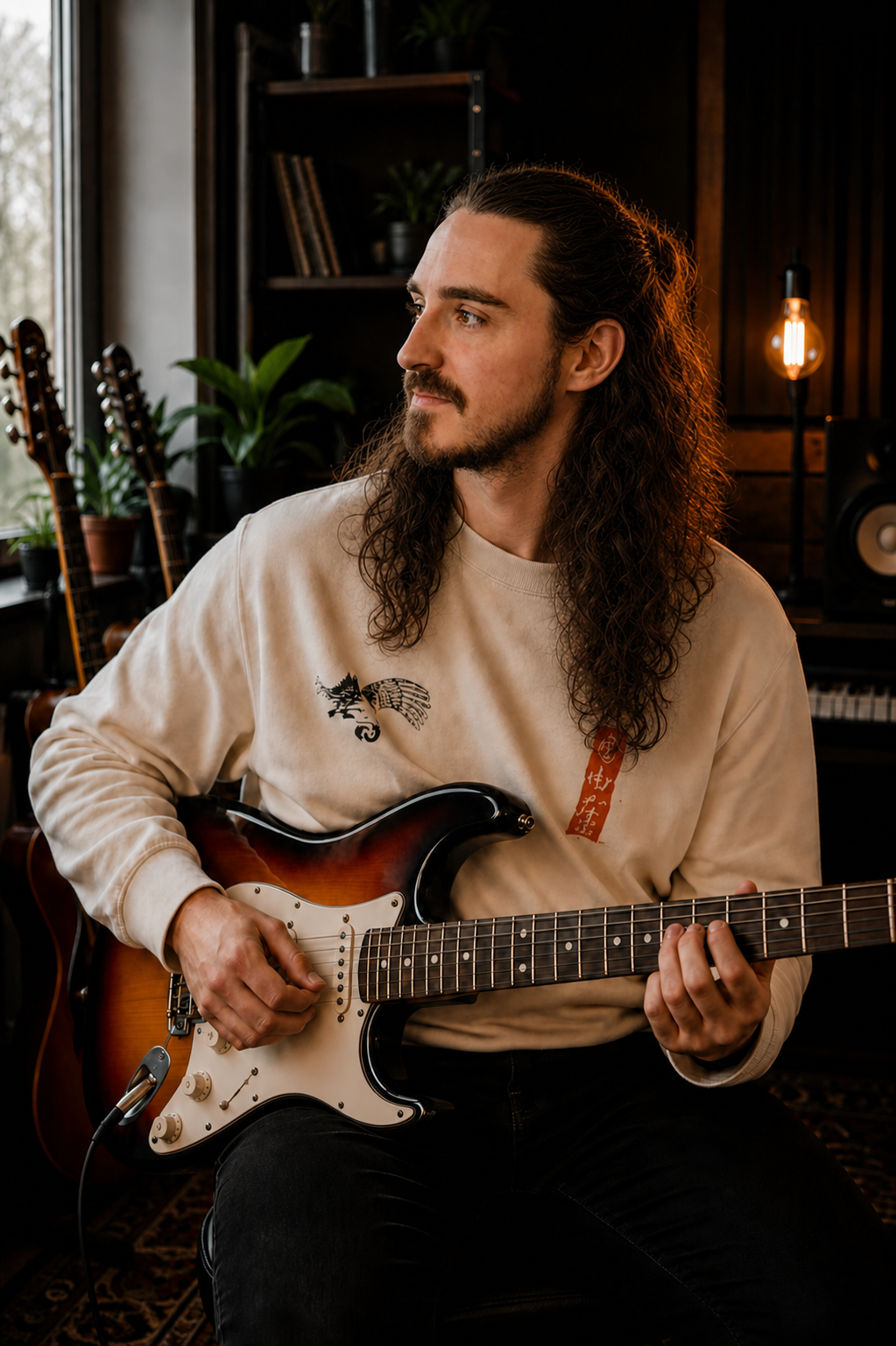 A man with long, curly hair and a beard playing an electric guitar in a music studio with guitars, plants, and warm lighting.