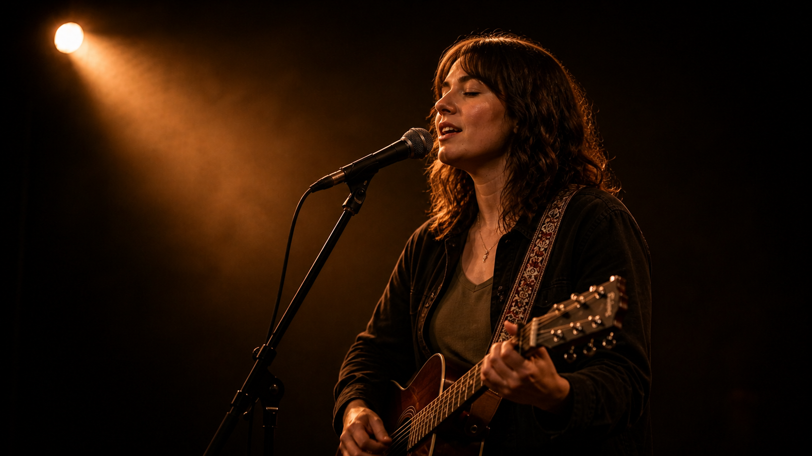 A woman singing into a microphone while playing an acoustic guitar on stage, with warm stage lighting behind her.