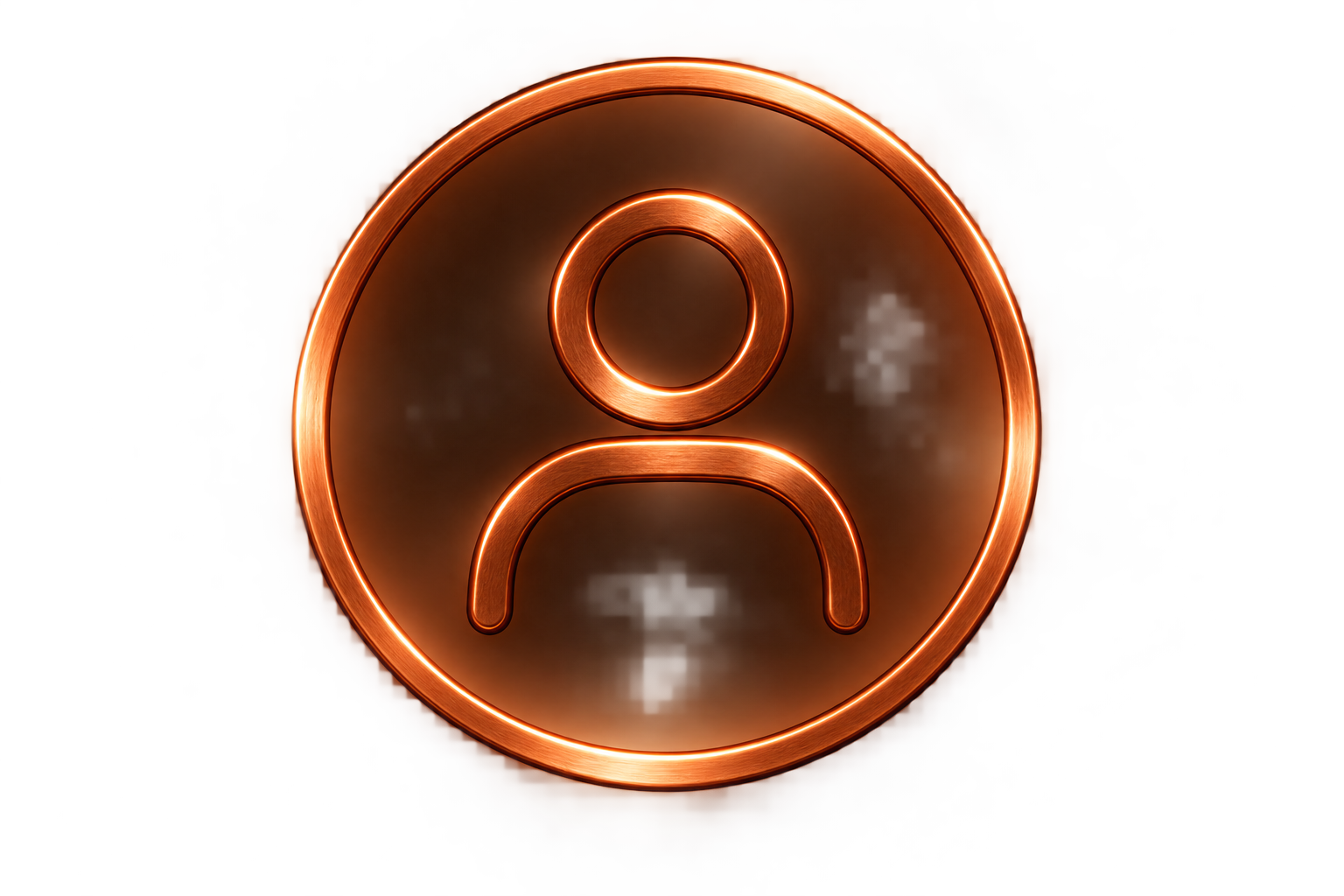 Neon sign of a person icon in orange with a circular face and curved shoulders inside a circle, glowing against a dark background.