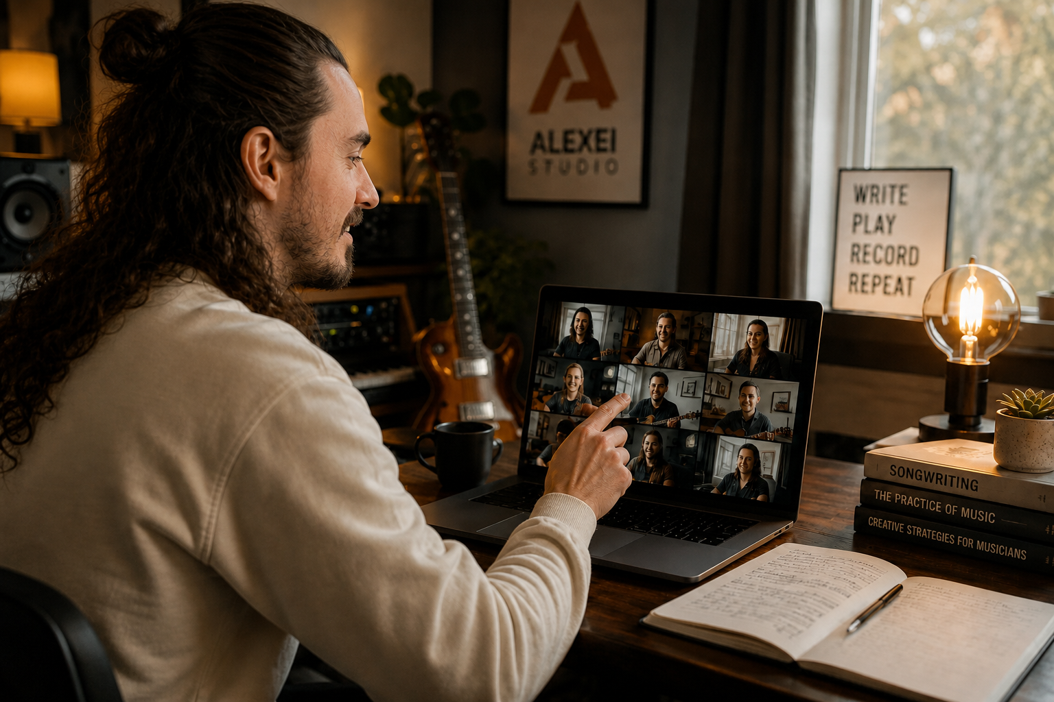 A man with long curly hair and a beard is on a video call with ten different people on a laptop. The setting appears to be a music studio with books, a lamp, and a guitar in the background.