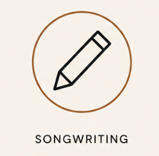 Illustration of a pencil inside a circle with the word 'SONGWRITING' below.