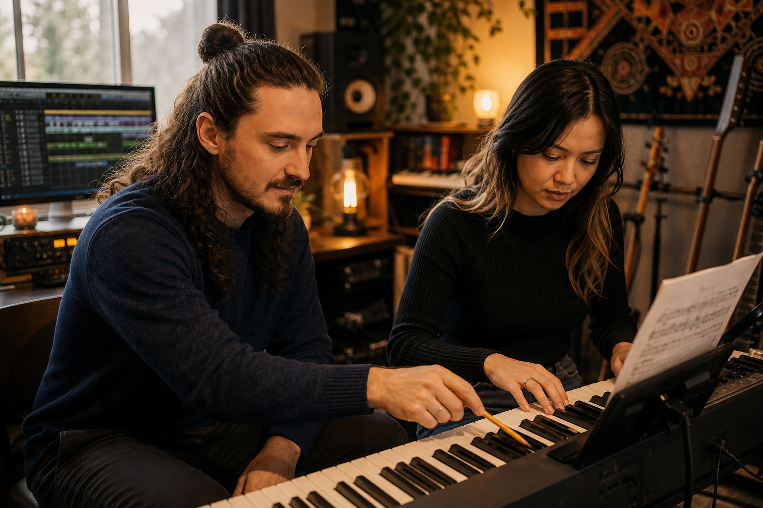 Two musicians, a man with long hair and a woman with shoulder-length hair, are sitting at a keyboard in a studio. The man is holding a pencil pointed at the keyboard, and both are looking at sheet music on a stand. There are guitars and music equipment in the background.