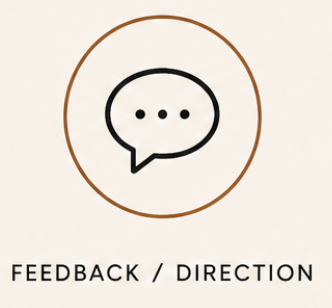 Black speech bubble icon with three dots inside, surrounded by a gold circle, with text below that reads 'Feedback / Direction'.