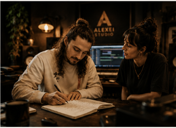 Two people sitting at a table with a notebook, engaging in discussion in a dark studio with warm lighting and a computer screen in the background.