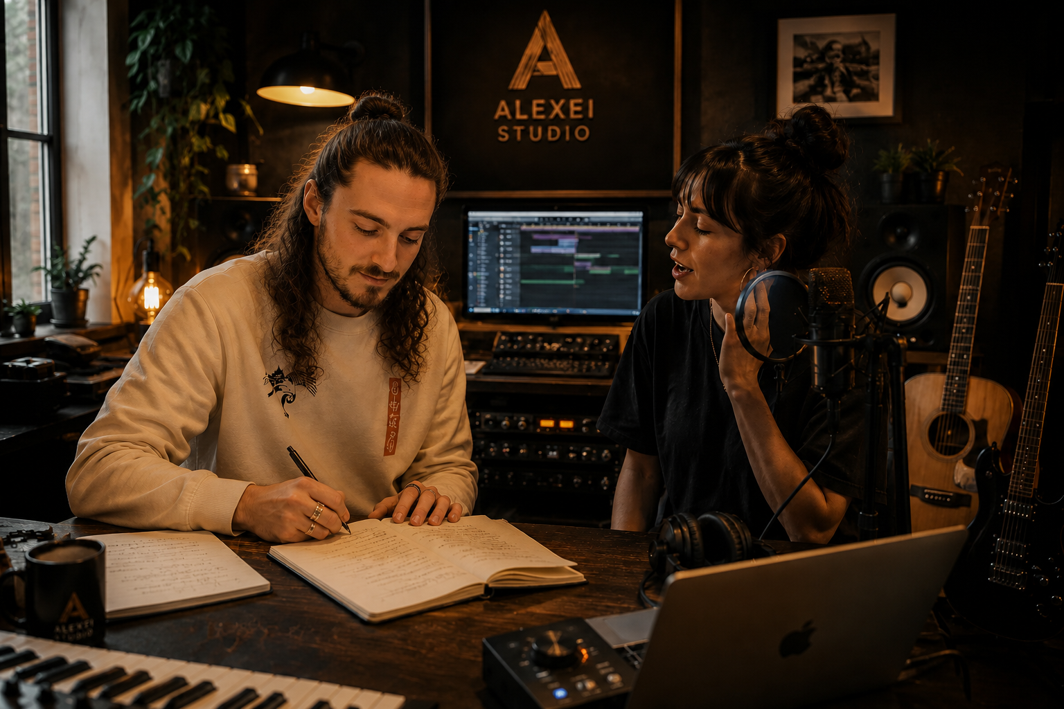 Two people recording music in a professional studio at Alexei Studio, one writing in a notebook and the other speaking into a microphone, with musical instruments and recording equipment around them.
