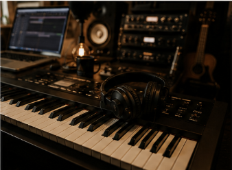 Music studio setup with keyboard, headphones, computer monitor, and various audio equipment.