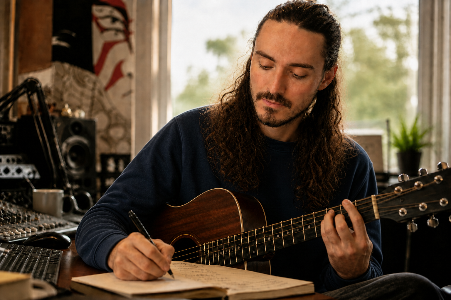 A man with long, wavy hair and a beard plays an acoustic guitar while writing in a notebook in a music studio with audio equipment and a window in the background.