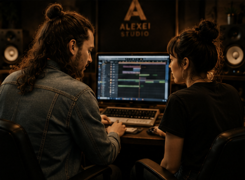 Two people in a music studio working on a computer with audio editing software, surrounded by speakers and soundproofing.