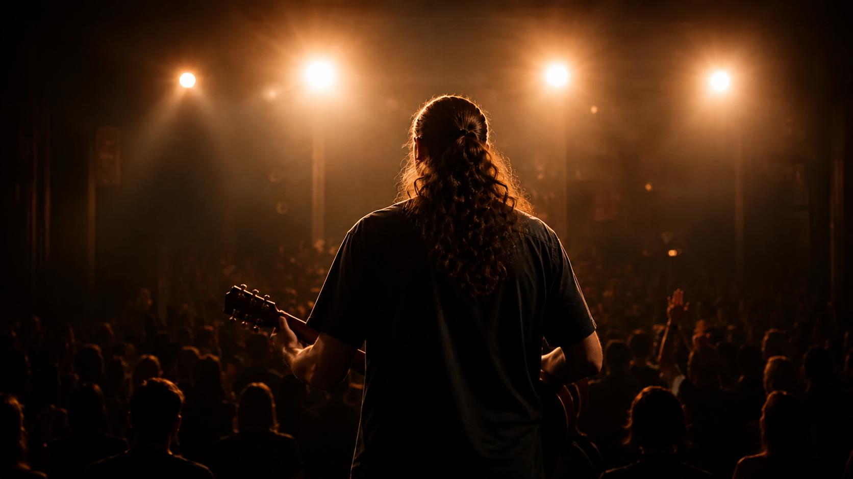 A musician with long curly hair playing a guitar on stage in front of an audience with bright stage lights shining overhead.