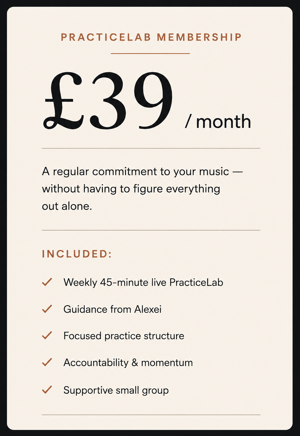 Adobe promotional poster advertising a Practicelab membership for £39 per month. The membership includes weekly 45-minute live PracticeLab sessions, guidance from Alexei, focused practice structure, accountability, and a supportive small group.