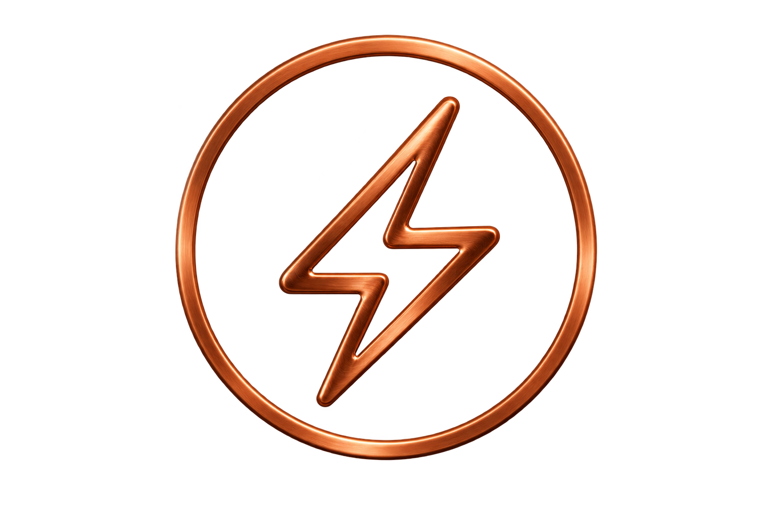 Copper-colored round sign with a lightning bolt symbol in the center.