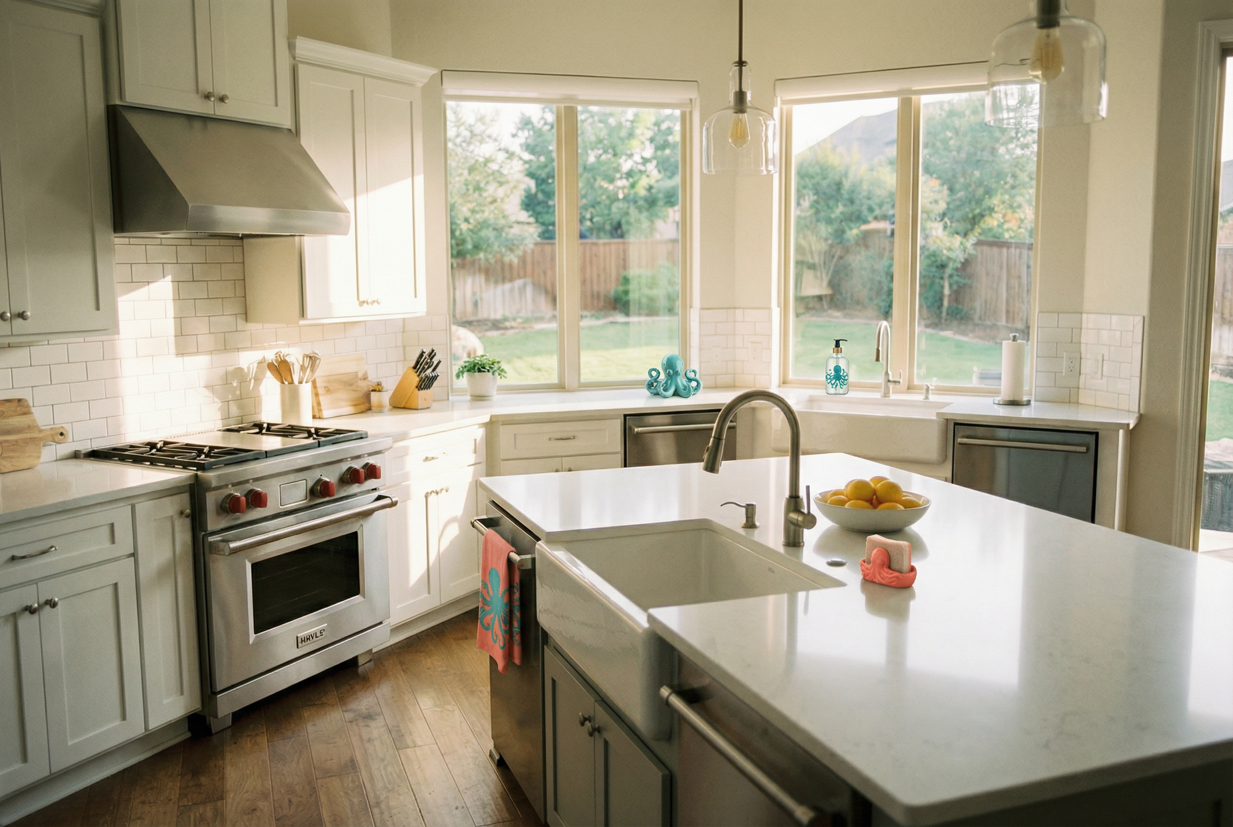 Sparkling clean kitchen with teal and coral accents in a New Braunfels Texas home