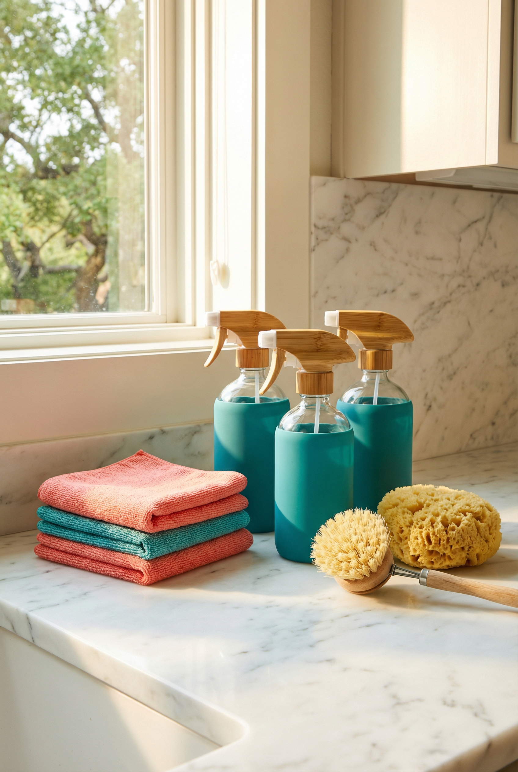 Eco-friendly teal and coral cleaning supplies on a marble countertop with Hill Country Texas trees in the background